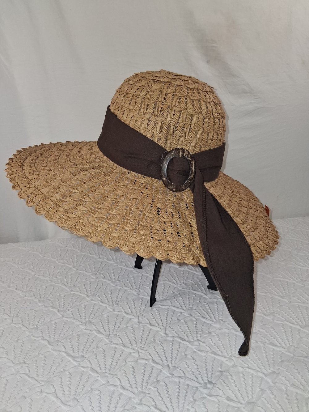 Uv Skinz Womens Wide-Brim Straw Sun Hat with Dark Brown Scarf Tie